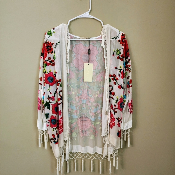 Jayley Silk Floral Kimono Cream White devore Jacket Coverup with Tassels Onesize - Picture 15 of 16